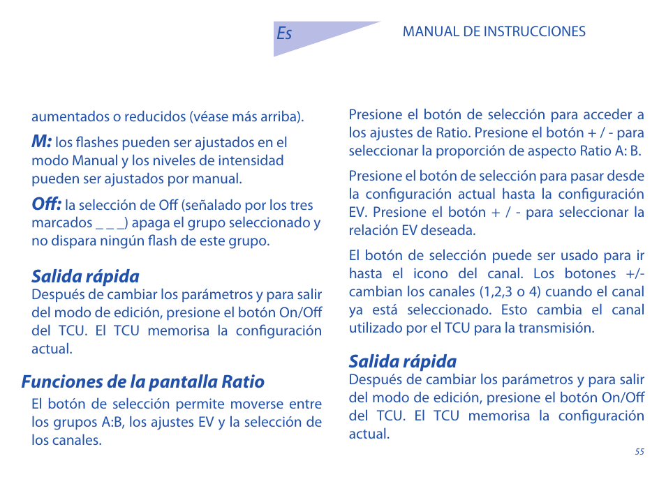 Salida rápida, Funciones de la pantalla ratio | Phottix Odin for Nikon User Manual | Page 55 / 120