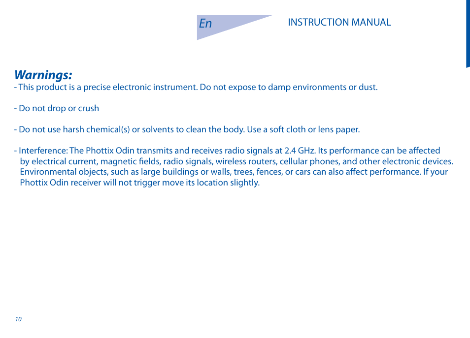 Warnings | Phottix Odin for Canon User Manual | Page 11 / 97