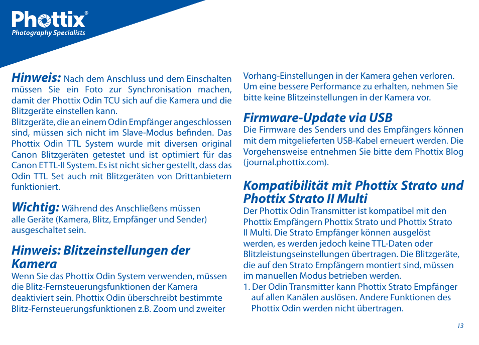 Hinweis, Wichtig, Hinweis: blitzeinstellungen der kamera | Firmware-update via usb | Phottix Odin for Canon User Manual | Page 14 / 97