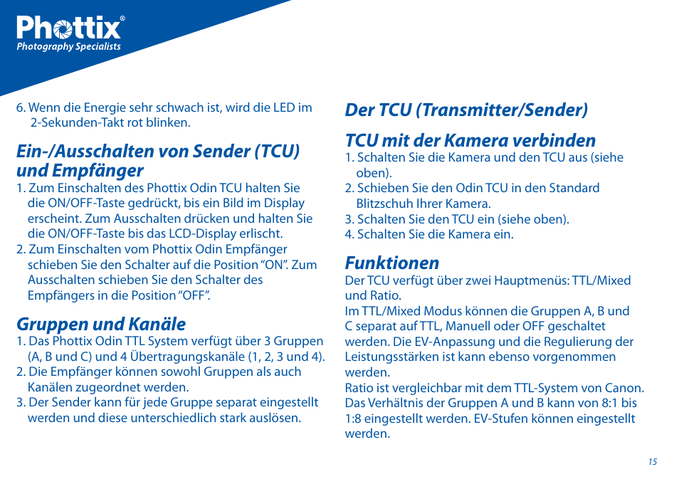 Ein-/ausschalten von sender (tcu) und empfänger, Gruppen und kanäle, Funktionen | Phottix Odin for Canon User Manual | Page 16 / 97