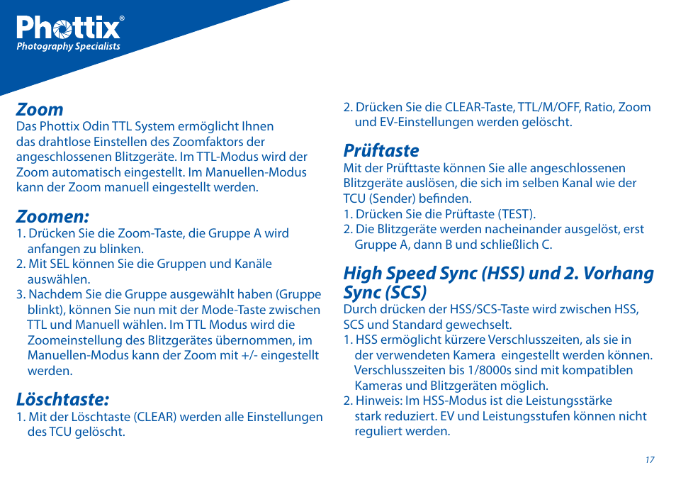 Zoom, Zoomen, Löschtaste | Prüftaste, High speed sync (hss) und 2. vorhang sync (scs) | Phottix Odin for Canon User Manual | Page 18 / 97