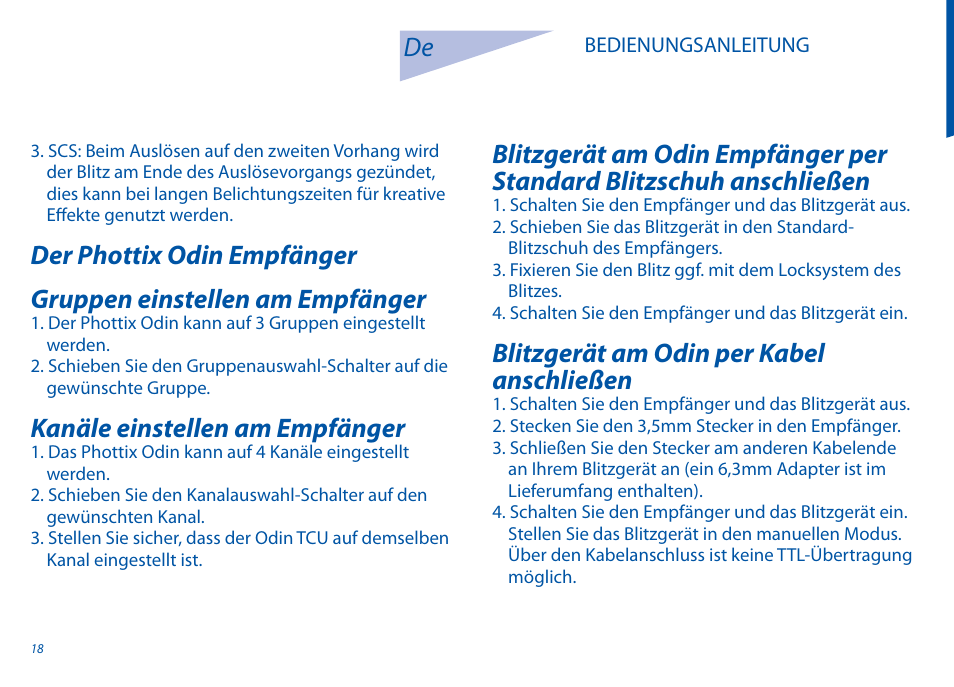Kanäle einstellen am empfänger, Blitzgerät am odin per kabel anschließen | Phottix Odin for Canon User Manual | Page 19 / 97