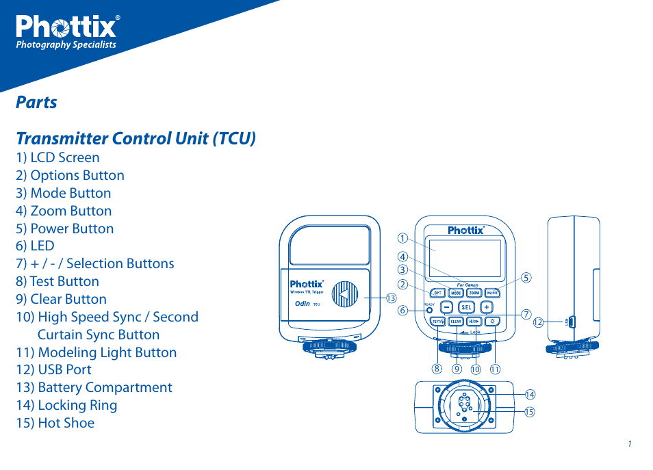 Parts transmitter control unit (tcu) | Phottix Odin for Canon User Manual | Page 2 / 97