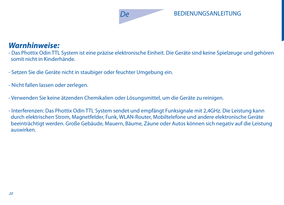 Warnhinweise | Phottix Odin for Canon User Manual | Page 21 / 97