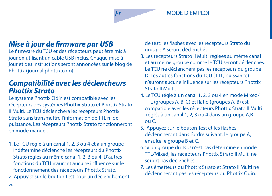 Mise à jour de fi rmware par usb, Compatibilité avec les déclencheurs phottix strato | Phottix Odin for Canon User Manual | Page 25 / 97