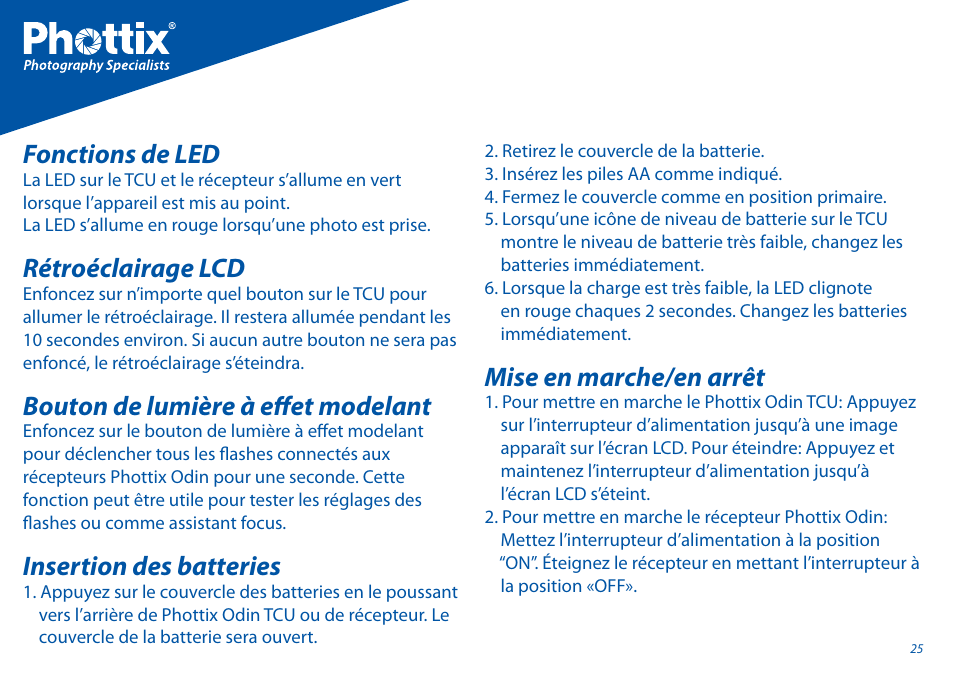 Fonctions de led, Rétroéclairage lcd, Bouton de lumière à eff et modelant | Insertion des batteries, Mise en marche/en arrêt | Phottix Odin for Canon User Manual | Page 26 / 97