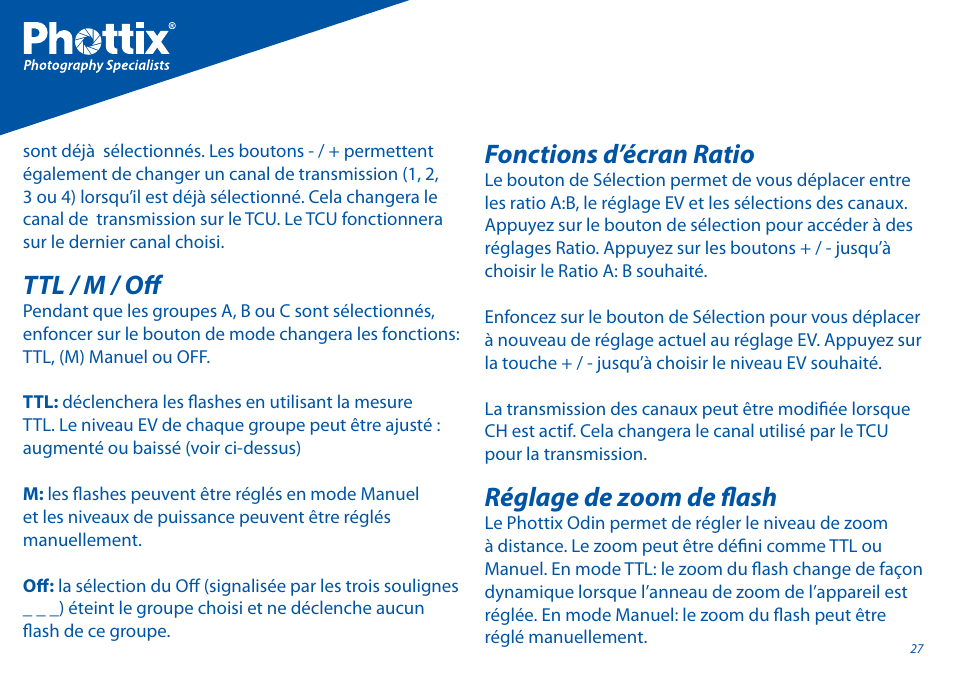 Ttl / m / off, Fonctions d’écran ratio, Réglage de zoom de fl ash | Phottix Odin for Canon User Manual | Page 28 / 97