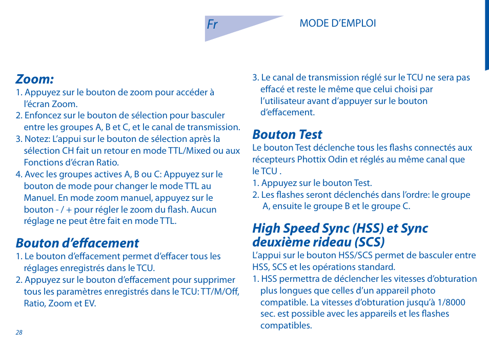 Zoom, Bouton d’eff acement, Bouton test | Phottix Odin for Canon User Manual | Page 29 / 97