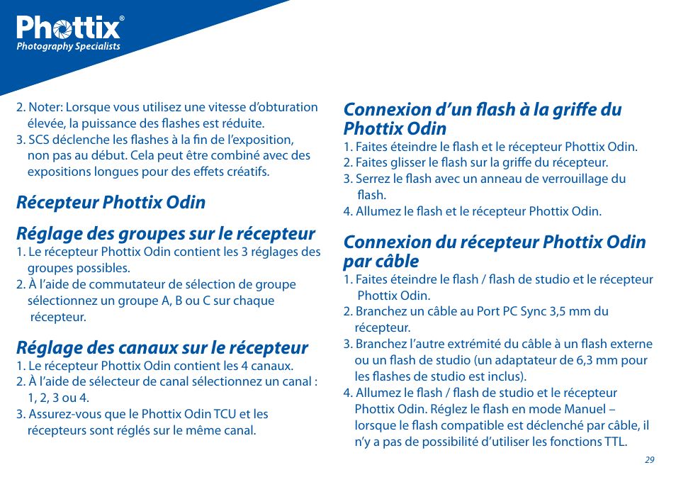 Réglage des canaux sur le récepteur, Connexion d’un fl ash à la griff e du phottix odin, Connexion du récepteur phottix odin par câble | Phottix Odin for Canon User Manual | Page 30 / 97