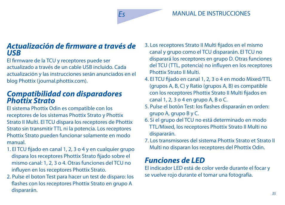 Actualización de fi rmware a través de usb, Compatibilidad con disparadores phottix strato, Funciones de led | Phottix Odin for Canon User Manual | Page 36 / 97