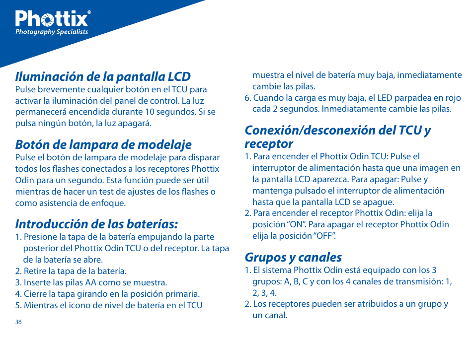 Iluminación de la pantalla lcd, Botón de lampara de modelaje, Introducción de las baterías | Conexión/desconexión del tcu y receptor, Grupos y canales | Phottix Odin for Canon User Manual | Page 37 / 97