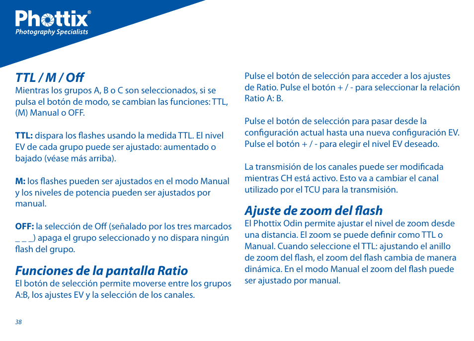 Ttl / m / off, Funciones de la pantalla ratio, Ajuste de zoom del fl ash | Phottix Odin for Canon User Manual | Page 39 / 97