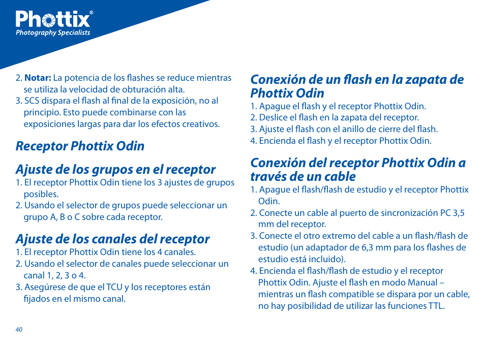 Ajuste de los canales del receptor, Conexión de un fl ash en la zapata de phottix odin | Phottix Odin for Canon User Manual | Page 41 / 97