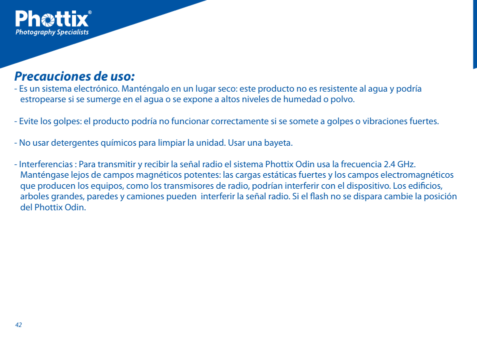 Precauciones de uso | Phottix Odin for Canon User Manual | Page 43 / 97