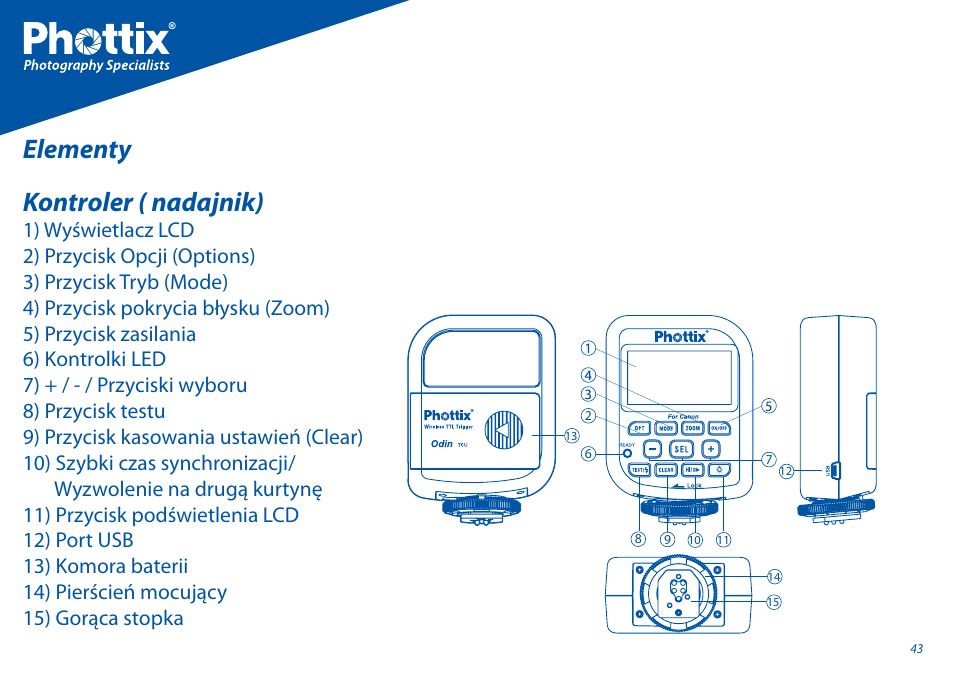 Elementy kontroler ( nadajnik) | Phottix Odin for Canon User Manual | Page 44 / 97