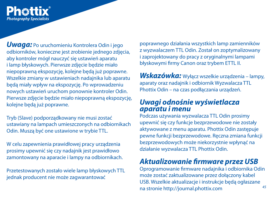 Uwaga, Wskazówka, Uwagi odnośnie wyświetlacza aparatu i menu | Aktualizowanie fi rmware przez usb | Phottix Odin for Canon User Manual | Page 46 / 97