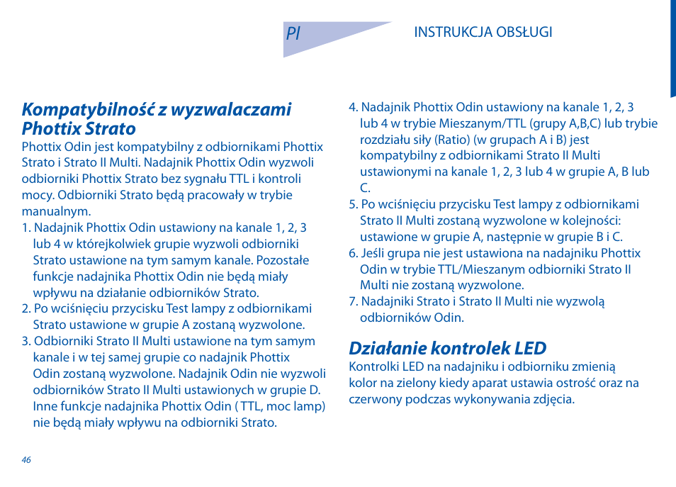 Kompatybilność z wyzwalaczami phottix strato, Działanie kontrolek led | Phottix Odin for Canon User Manual | Page 47 / 97