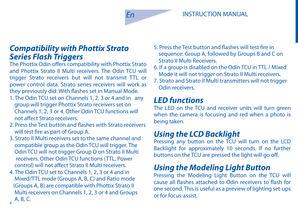 Led functions, Using the lcd backlight, Using the modeling light button | Phottix Odin for Canon User Manual | Page 5 / 97
