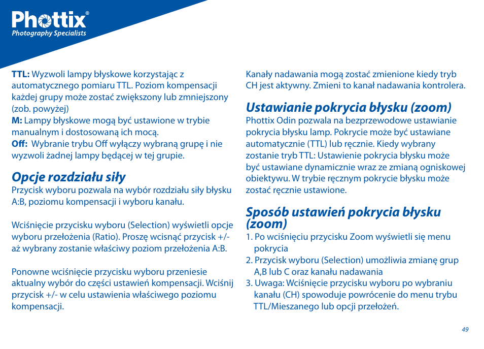 Opcje rozdziału siły, Ustawianie pokrycia błysku (zoom), Sposób ustawień pokrycia błysku (zoom) | Phottix Odin for Canon User Manual | Page 50 / 97