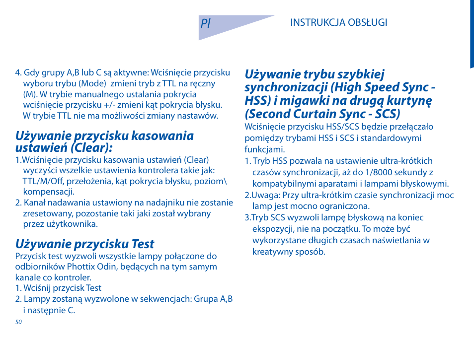 Używanie przycisku kasowania ustawień (clear), Używanie przycisku test | Phottix Odin for Canon User Manual | Page 51 / 97