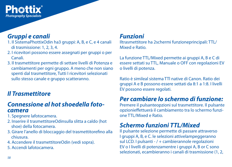 Gruppi e canali, Funzioni, Per cambiare lo schermo di funzione | Schermo funzioni ttl/mixed | Phottix Odin for Canon User Manual | Page 59 / 97