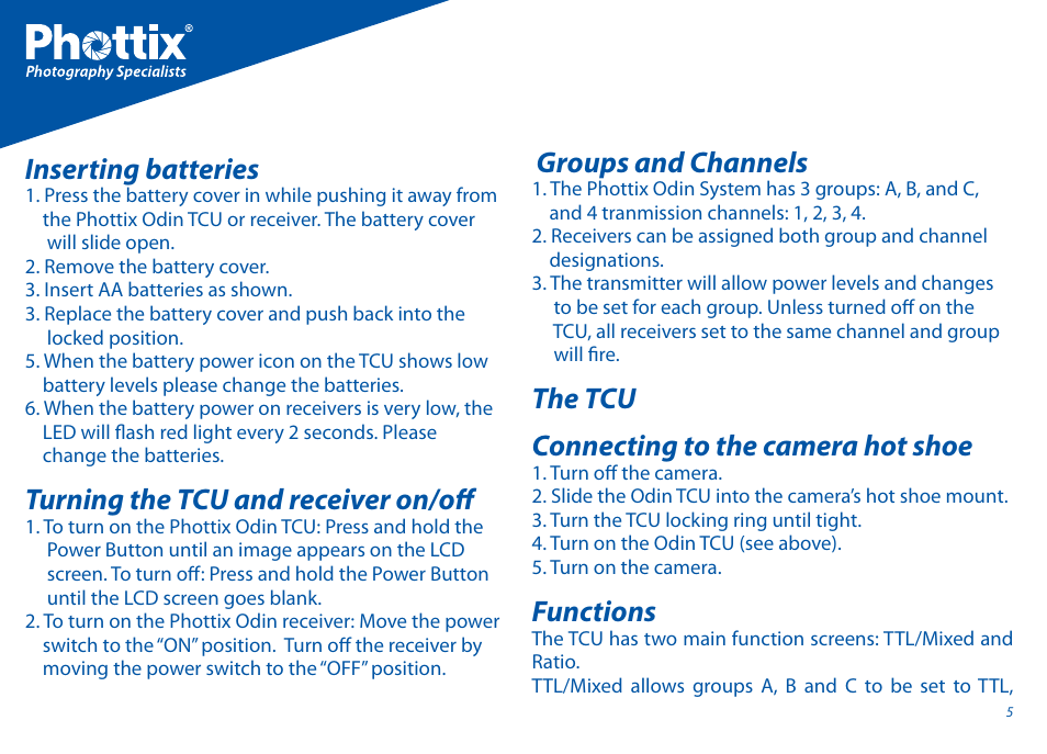 Inserting batteries, Turning the tcu and receiver on/off, Groups and channels | The tcu connecting to the camera hot shoe, Functions | Phottix Odin for Canon User Manual | Page 6 / 97