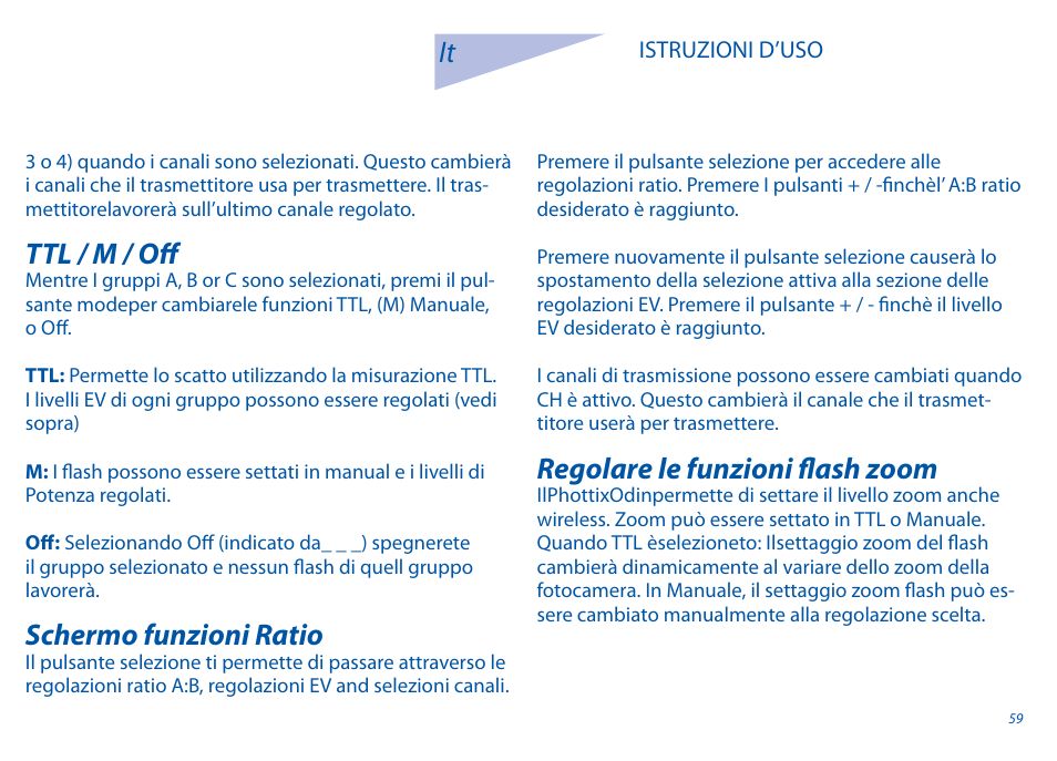 Ttl / m / off, Schermo funzioni ratio, Regolare le funzioni fl ash zoom | Phottix Odin for Canon User Manual | Page 60 / 97