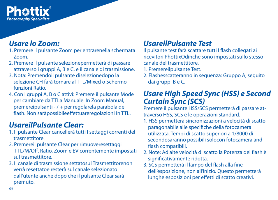 Usare lo zoom, Usareilpulsante clear, Usareilpulsante test | Phottix Odin for Canon User Manual | Page 61 / 97