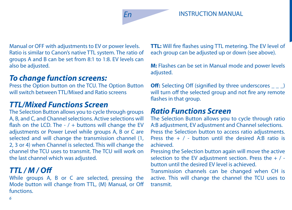 Ttl/mixed functions screen, Ttl / m / off, Ratio functions screen | Phottix Odin for Canon User Manual | Page 7 / 97