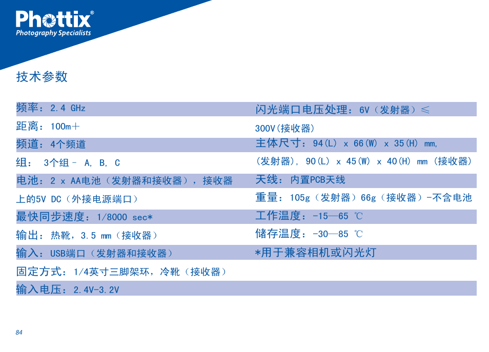 技术参数 | Phottix Odin for Canon User Manual | Page 85 / 97