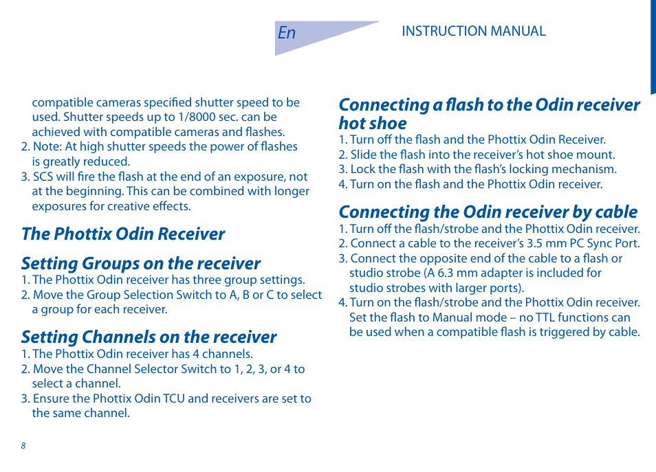 Setting channels on the receiver, Connecting a fl ash to the odin receiver hot shoe, Connecting the odin receiver by cable | Phottix Odin for Canon User Manual | Page 9 / 97