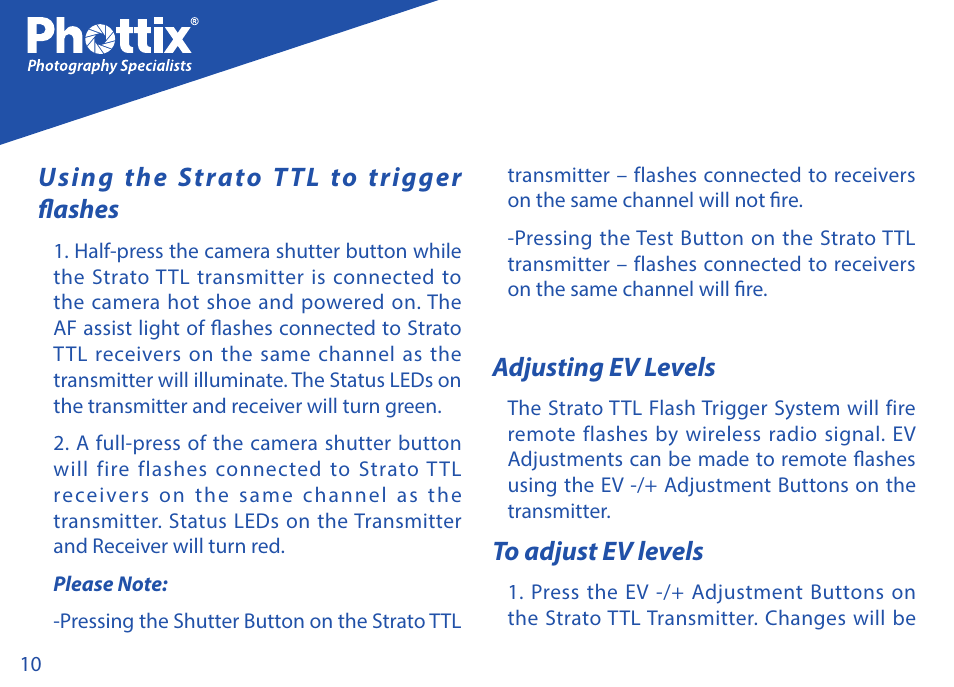 Using the strato ttl to trigger flashes, Adjusting ev levels | Phottix Strato TTL for Canon User Manual | Page 10 / 167