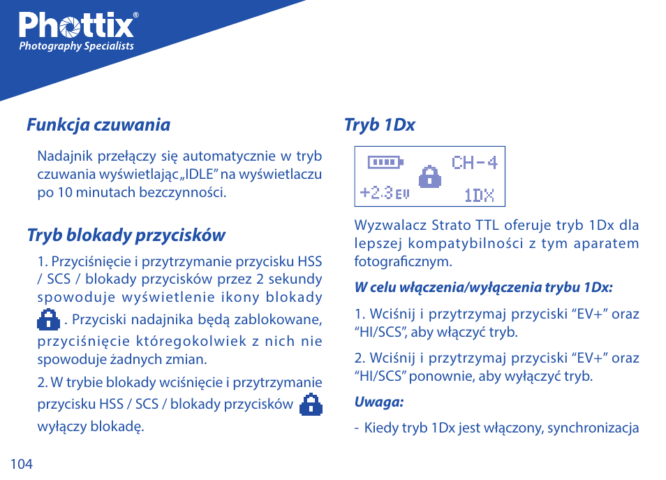 Funkcja czuwania, Tryb blokady przycisków, Tryb 1dx | Phottix Strato TTL for Canon User Manual | Page 104 / 167