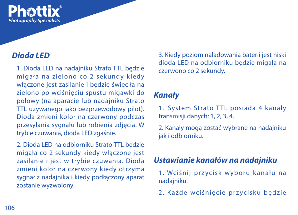 Dioda led, Kanały, Ustawianie kanałów na nadajniku | Phottix Strato TTL for Canon User Manual | Page 106 / 167