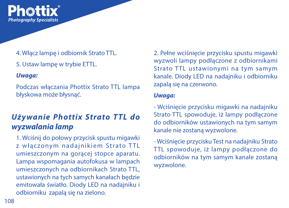 Używanie phottix strato ttl do wyzwalania lamp | Phottix Strato TTL for Canon User Manual | Page 108 / 167