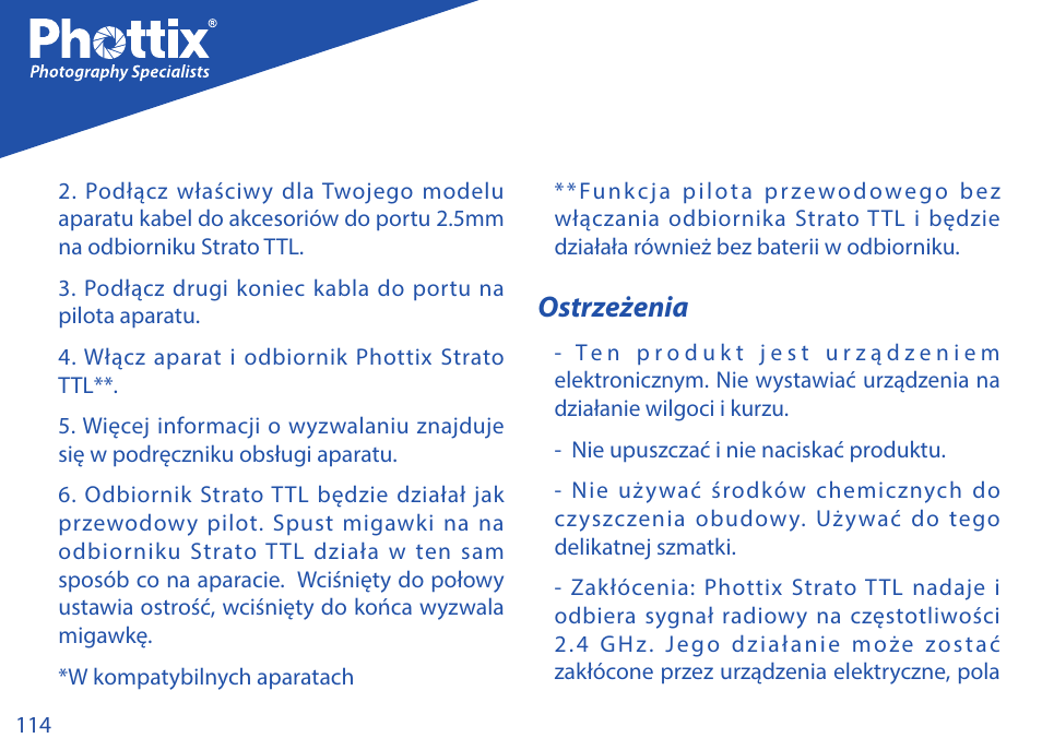 Ostrzeżenia | Phottix Strato TTL for Canon User Manual | Page 114 / 167