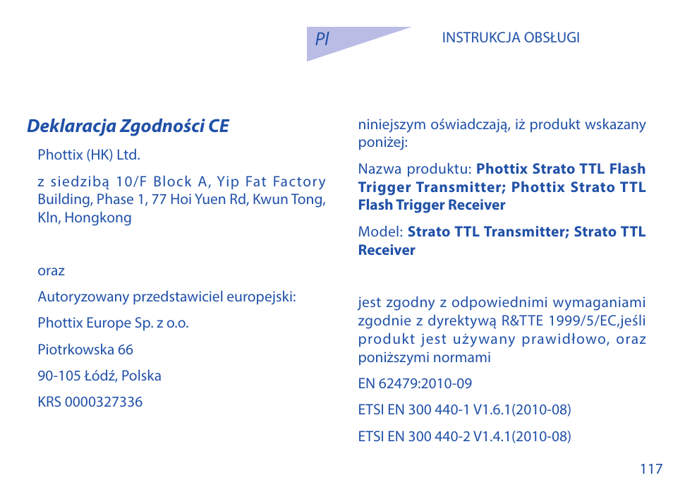 Pl deklaracja zgodności ce | Phottix Strato TTL for Canon User Manual | Page 117 / 167