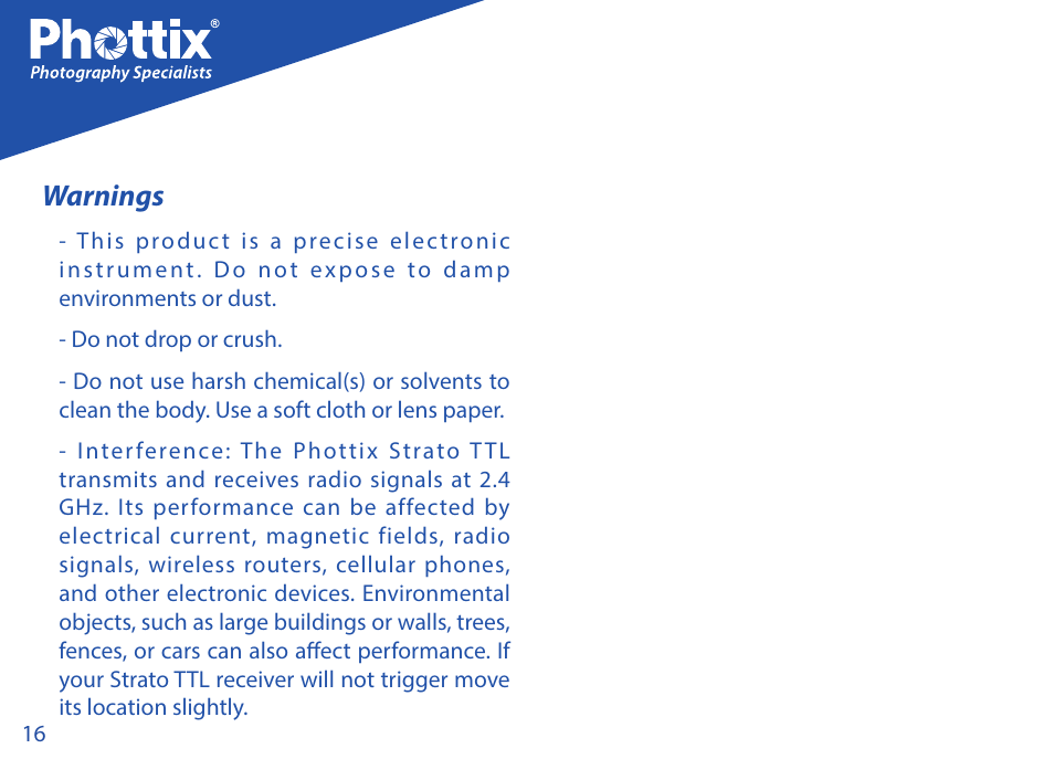 Warnings | Phottix Strato TTL for Canon User Manual | Page 16 / 167
