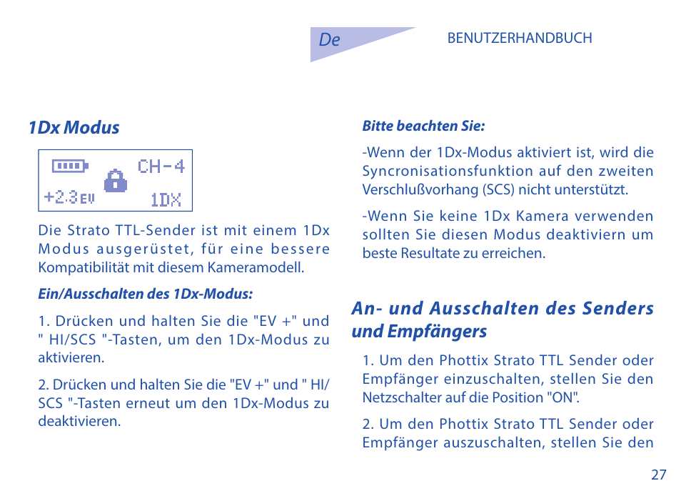 De 1dx modus, An- und ausschalten des senders und empfängers | Phottix Strato TTL for Canon User Manual | Page 27 / 167
