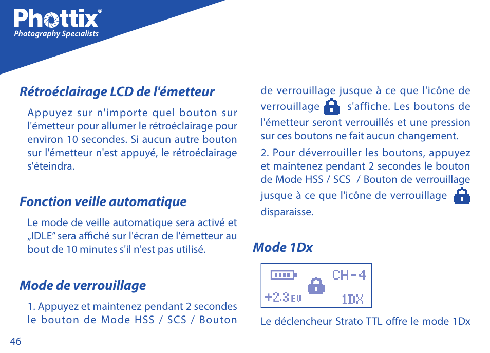Rétroéclairage lcd de l'émetteur, Fonction veille automatique, Mode de verrouillage | Mode 1dx | Phottix Strato TTL for Canon User Manual | Page 46 / 167