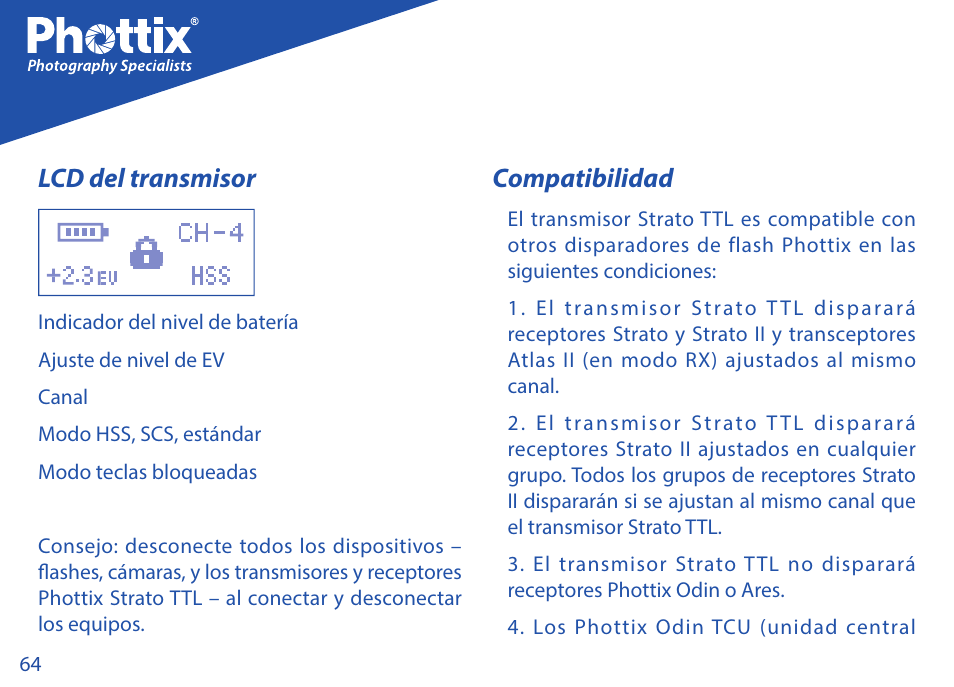 Lcd del transmisor, Compatibilidad | Phottix Strato TTL for Canon User Manual | Page 64 / 167