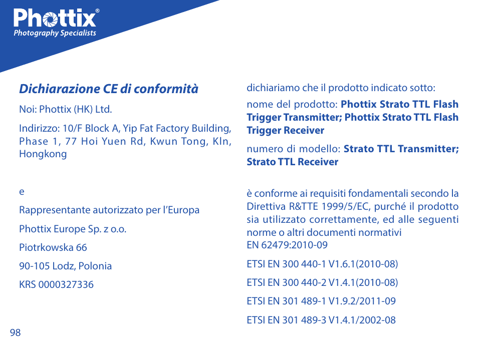 Dichiarazione ce di conformità | Phottix Strato TTL for Canon User Manual | Page 98 / 167