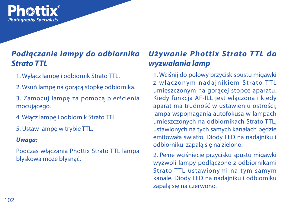 Podłączanie lampy do odbiornika strato ttl, Używanie phottix strato ttl do wyzwalania lamp | Phottix Strato TTL for Nikon User Manual | Page 102 / 160