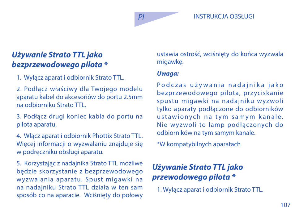 Pl używanie strato ttl jako bezprzewodowego pilota, Używanie strato ttl jako przewodowego pilota | Phottix Strato TTL for Nikon User Manual | Page 107 / 160