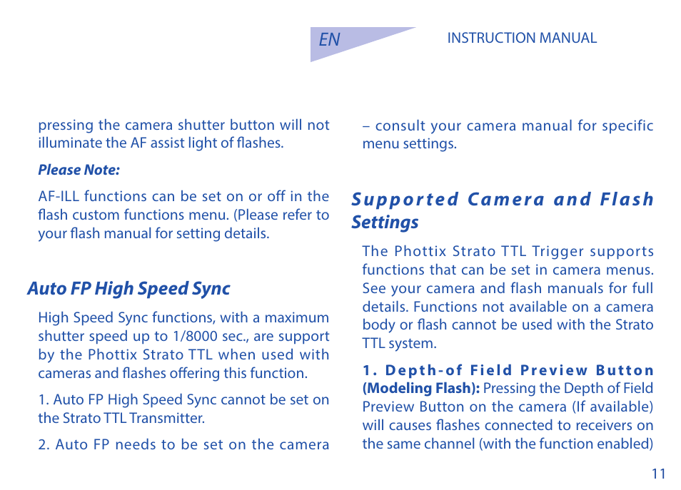 Auto fp high speed sync, Supp or te d ca mera a nd flash settings | Phottix Strato TTL for Nikon User Manual | Page 11 / 160