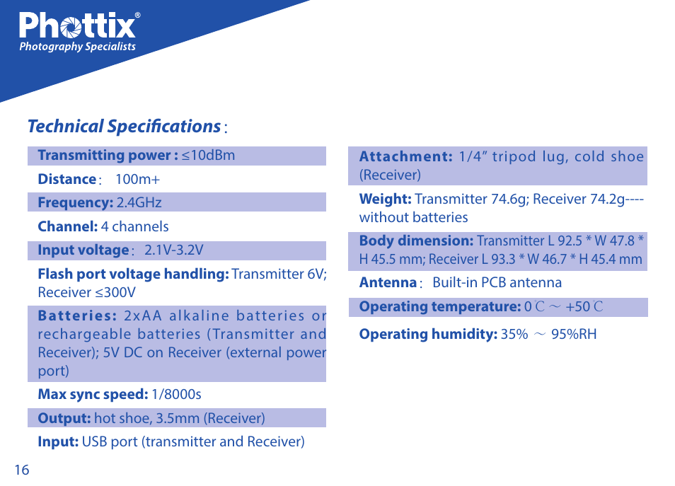 Technical specifications | Phottix Strato TTL for Nikon User Manual | Page 16 / 160