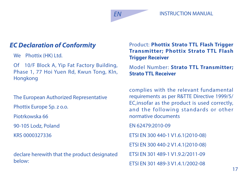 En ec declaration of conformity | Phottix Strato TTL for Nikon User Manual | Page 17 / 160