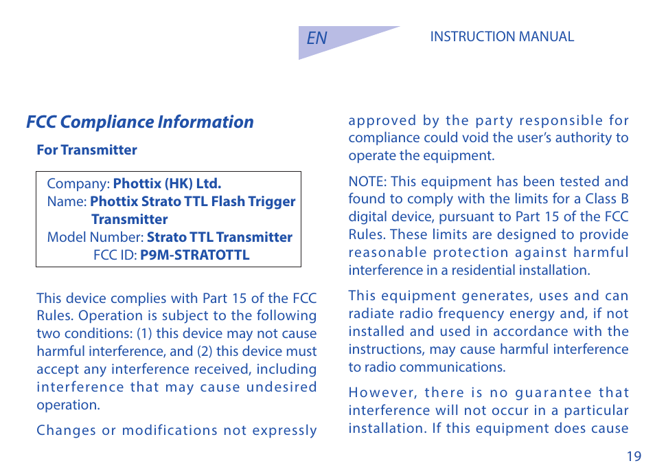 En fcc compliance information | Phottix Strato TTL for Nikon User Manual | Page 19 / 160