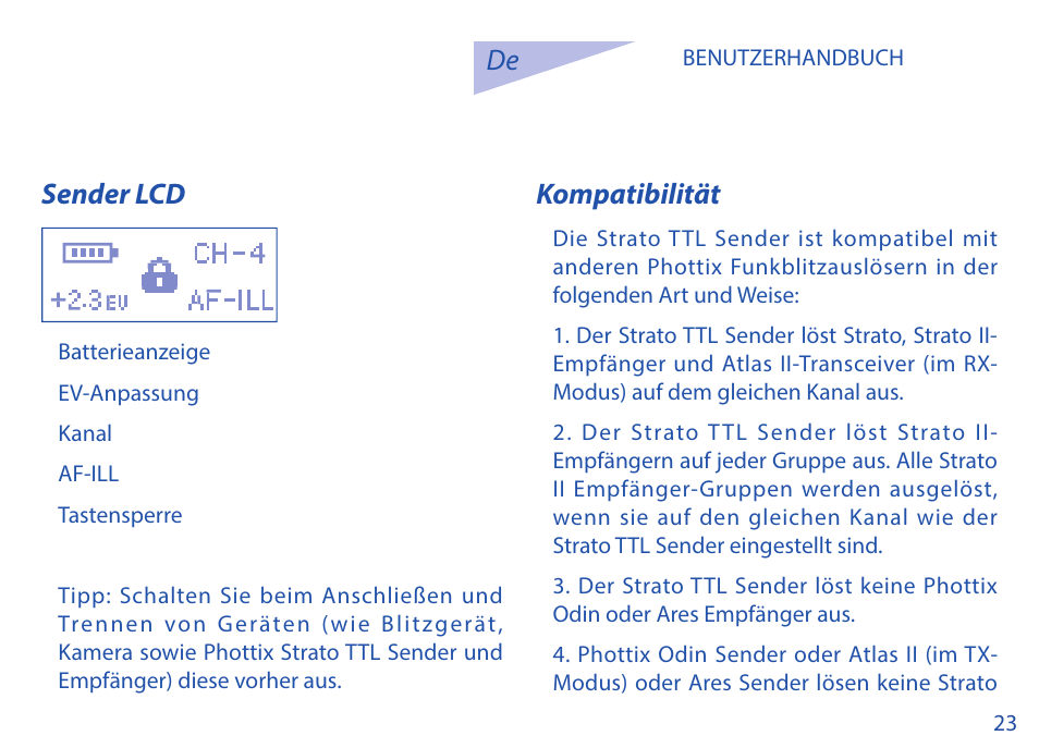 De sender lcd, Kompatibilität | Phottix Strato TTL for Nikon User Manual | Page 23 / 160
