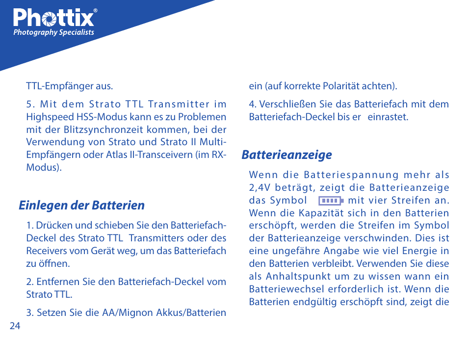 Einlegen der batterien, Batterieanzeige | Phottix Strato TTL for Nikon User Manual | Page 24 / 160